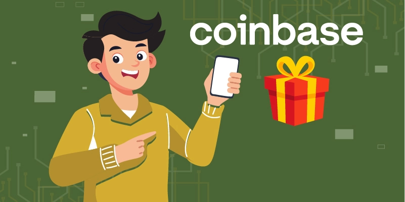 Illustration of a happy person holding a smartphone with the Coinbase logo and a gift box, symbolizing the benefits of buying and selling cryptocurrency on the platform.