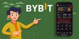 Illustration of a happy user pointing at a smartphone screen displaying the Bybit trading app interface, symbolizing the sign-up process.