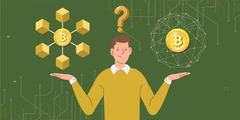 Man weighing options between Centralized Exchange (CEX) and Decentralized Exchange (DEX) with Bitcoin networks CEX vs DEX