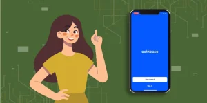 Illustration of a smiling woman raising her index finger beside a smartphone displaying the Coinbase sign-up screen.