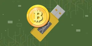 Bitcoin coin with USB cold wallet device, symbolizing secure offline cryptocurrency storage