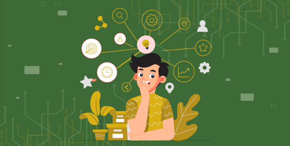Illustration of a thoughtful person surrounded by interconnected icons representing various financial and cryptocurrency concepts, symbolizing the conclusion of a Coinbase sign-up journey.