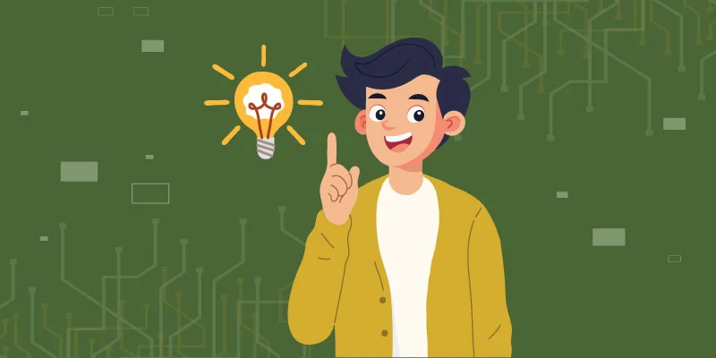 Illustration of a smiling user pointing to a glowing lightbulb, symbolizing insights and final thoughts on KuCoin.