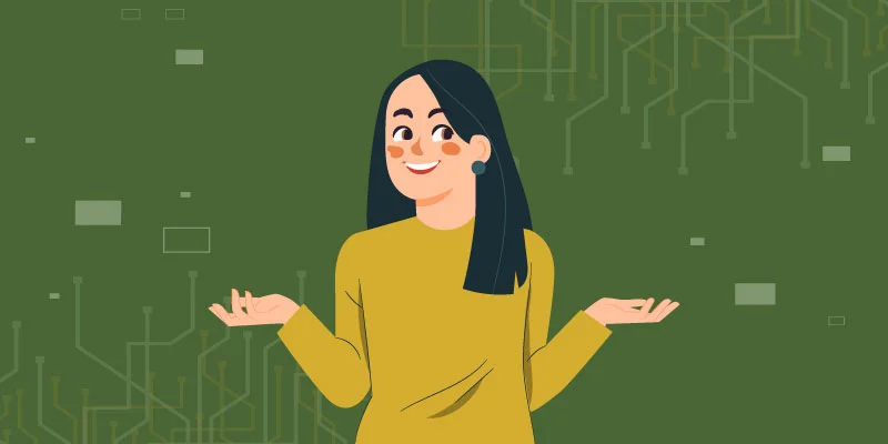 A digital illustration of a woman shrugging with a confident expression, representing a conclusion or final thoughts about Robinhood.