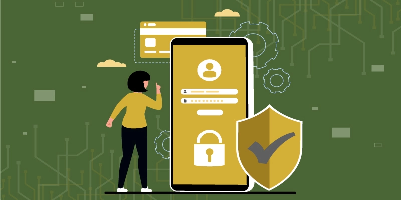Illustration of a user standing next to a smartphone login screen with a password input field, a security shield with a checkmark, and digital security elements in the background.