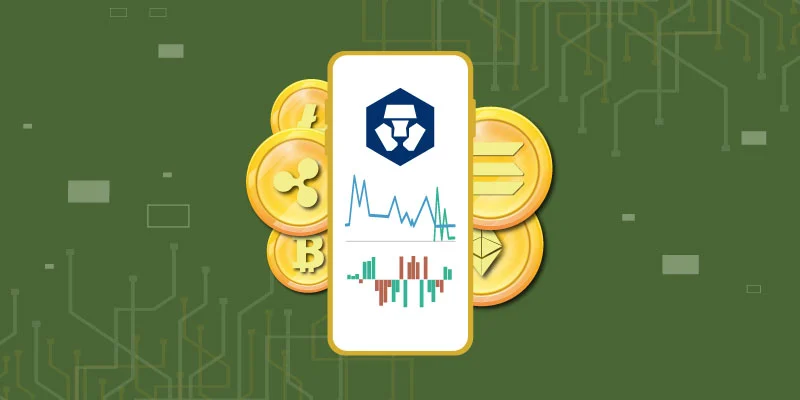 Illustration of a smartphone displaying Crypto.com charts and analytics, surrounded by cryptocurrency coins, symbolizing asset management.