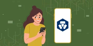 Illustration of a happy user holding a smartphone, signing up on Crypto.com, with the Crypto.com logo displayed on the screen