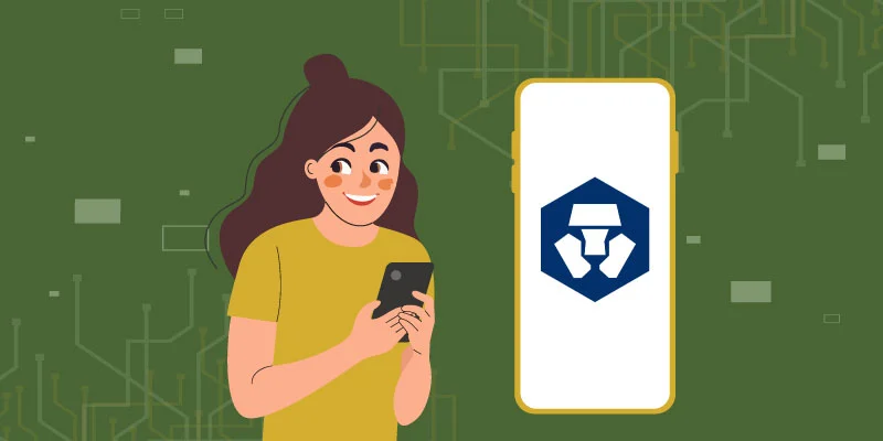Illustration of a happy user holding a smartphone, signing up on Crypto.com, with the Crypto.com logo displayed on the screen
