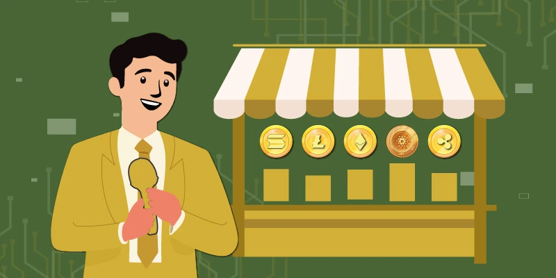 Illustration of a man in a suit examining different cryptocurrency coins displayed at a market stand, symbolizing choosing and buying altcoins. altcoin buy