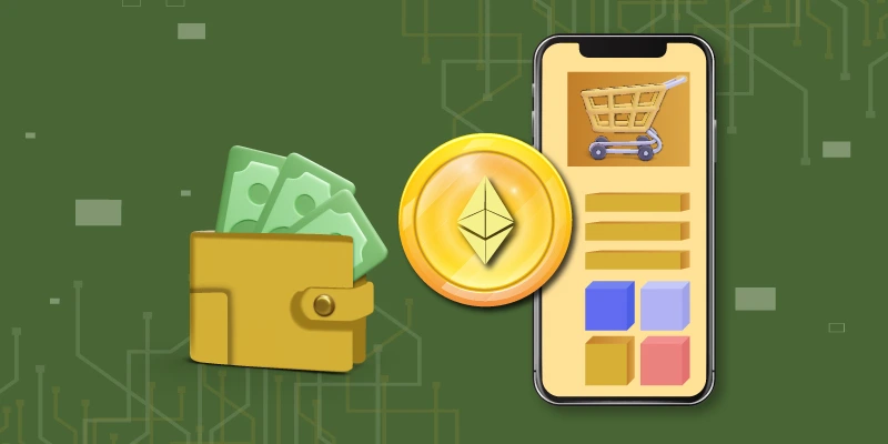 Illustration of a digital wallet with cash next to an Ethereum coin and a smartphone displaying an online shopping interface, symbolizing purchasing cryptocurrency using digital funds. altcoin buy