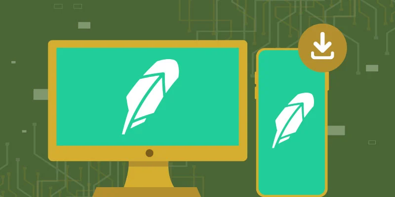 A computer and smartphone displaying the Robinhood logo, with a download icon in the corner.