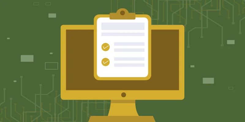 Illustration of a computer screen displaying a checklist on a clipboard, representing eligibility criteria for Kraken sign-up.