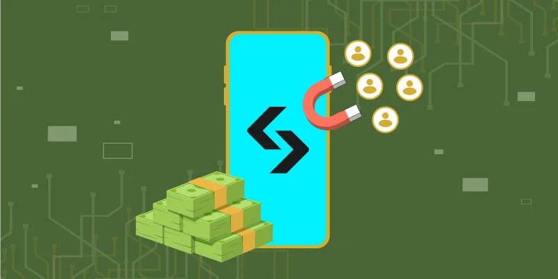 Illustration depicting Bitget’s additional features, represented by a smartphone attracting users with a magnet, along with stacks of cash symbolizing earnings