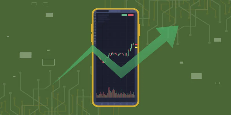 Illustration of a smartphone displaying a rising crypto chart, symbolizing the features and trading opportunities available on Crypto.com after sign-up.