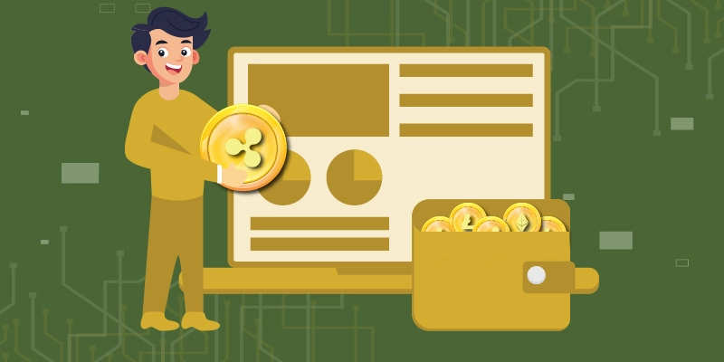 Illustration of a person holding a Ripple (XRP) coin, standing beside a laptop screen displaying financial data, with a wallet filled with digital coins symbolizing funding a Coinbase account.