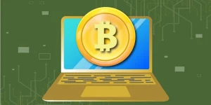 Golden Bitcoin coin on a laptop with a digital circuit background – how to use Bitcoin