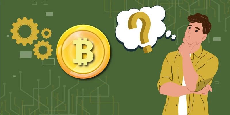 Illustration of a person thinking about what is Bitcoin, with a thought bubble containing a question mark, representing curiosity about how Bitcoin works.