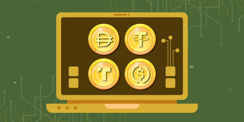 Laptop screen displaying stablecoins like DAI, Tether (USDT), TrueUSD (TUSD), and USD Coin (USDC), symbolizing how stablecoins work