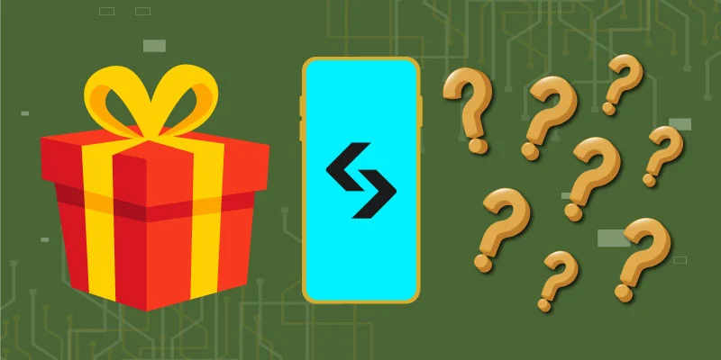 Illustration depicting a smartphone, a large gift box, and question marks, representing queries on how to claim the Bitget bonus