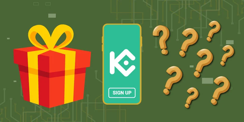 Illustration of a smartphone displaying the KuCoin sign-up screen, a large gift box, and multiple question marks, symbolizing curiosity about claiming the bonus.