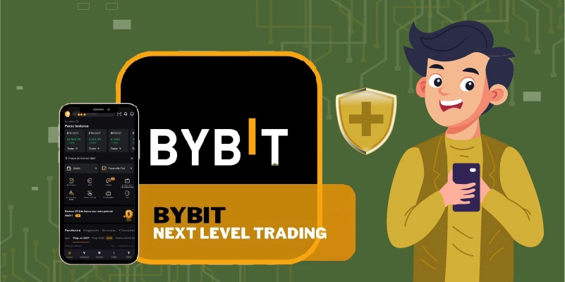 Illustration of a happy user holding a smartphone, alongside the Bybit logo, a security shield, and a mobile screen displaying the Bybit trading platform.