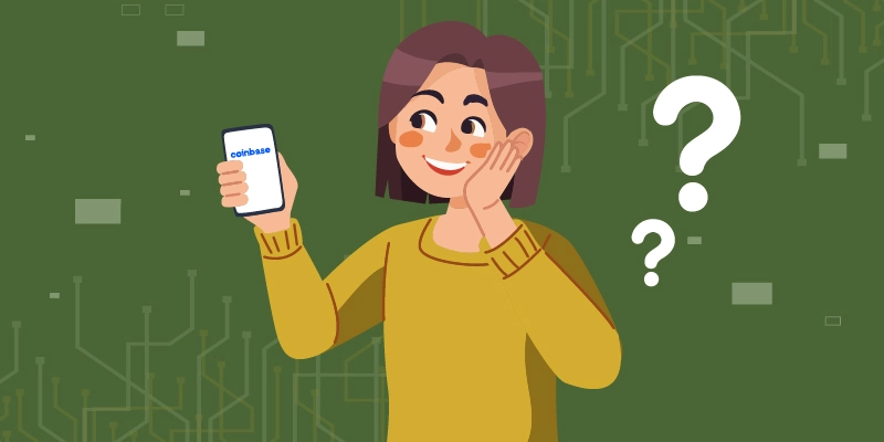 Illustration of a happy woman holding a smartphone displaying the Coinbase logo, with question marks around her, indicating curiosity about creating an account.