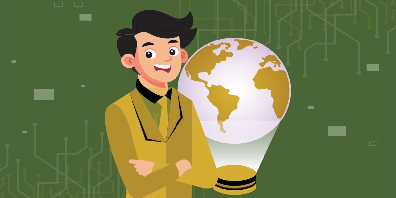 Illustration of a confident trader in a gold suit holding a holographic globe, symbolizing secure and global cryptocurrency trading protection on Bybit.