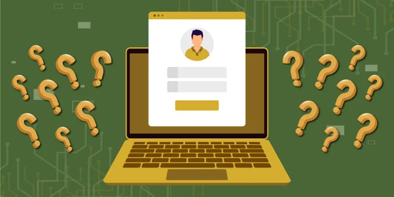Illustration of a laptop showing Bitget's registration form surrounded by question marks, symbolizing common questions about the registration process