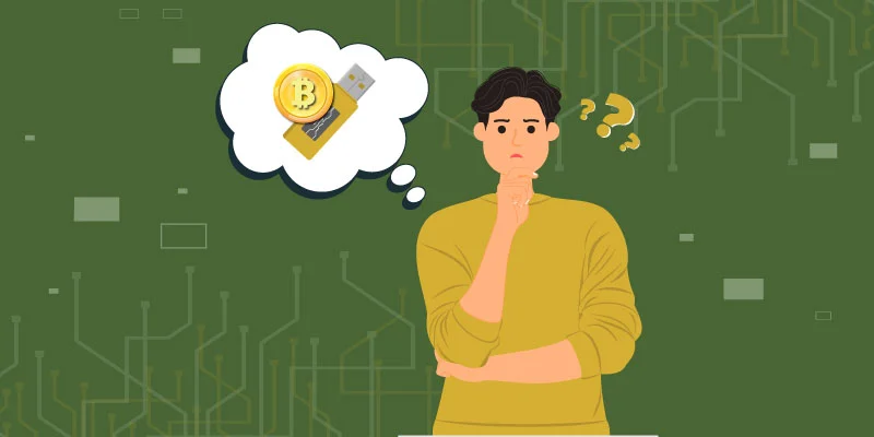 Man thinking about setting up a cold wallet for Bitcoin storage, with thought bubble showing USB device