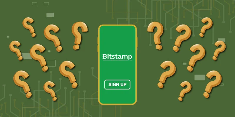 Illustration of a smartphone displaying the Bitstamp sign-up screen, surrounded by question marks, symbolizing user curiosity about the registration process.