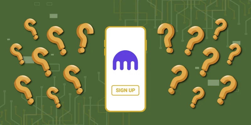 Illustration of a mobile phone displaying the Kraken logo and a "Sign Up" button, surrounded by multiple question marks, symbolizing curiosity about the Kraken sign-up process.