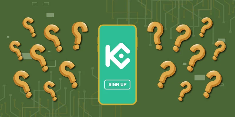 Illustration of a smartphone displaying the KuCoin sign-up screen, surrounded by question marks, symbolizing user curiosity about the registration process.