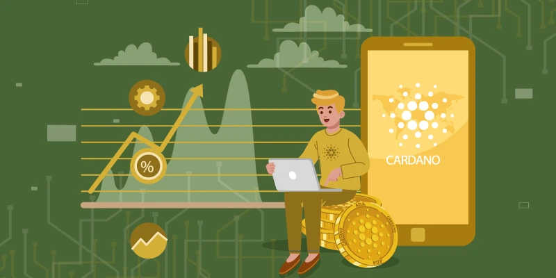 Illustration of a man sitting on stacked gold coins with a laptop, analyzing financial graphs and cryptocurrency trends, with a large smartphone displaying the Cardano logo. altcoin buy