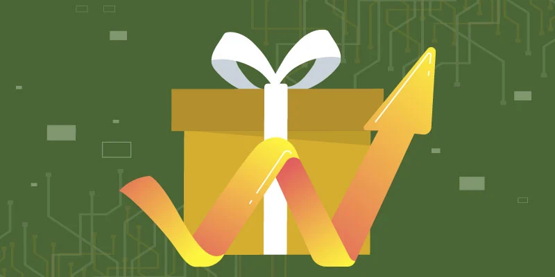 A golden gift box with a rising arrow, symbolizing financial growth and immediate rewards for new investors on Robinhood.