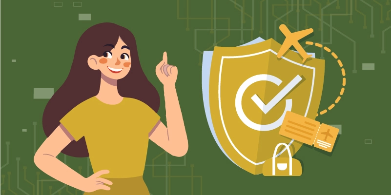 Illustration of a smiling user pointing at a large security shield with a verification checkmark, alongside travel-related elements like an ID card and airplane, symbolizing KYC verification.