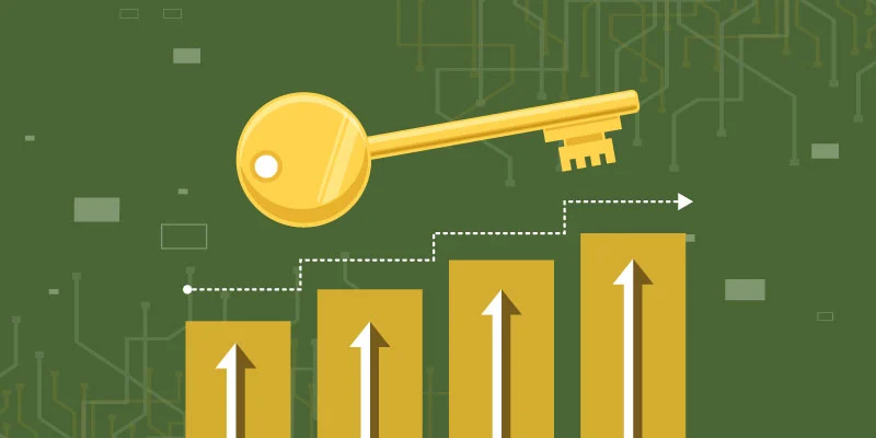 A golden key above ascending bar charts with upward arrows, symbolizing key benefits of using Kraken.