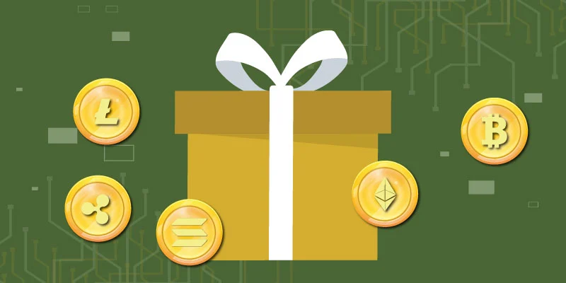 Illustration of a large gift box surrounded by cryptocurrency coins, symbolizing the key components of the KuCoin sign-up bonus.