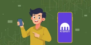 Illustration of a cheerful person holding a smartphone, with a Kraken exchange logo displayed on another phone screen, symbolizing the Kraken sign-up process.