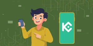 Illustration of a happy user holding a smartphone, pointing to a mobile screen displaying the KuCoin logo, symbolizing the sign-up bonus.