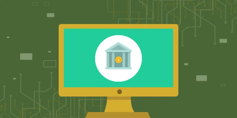 A computer screen displaying a bank building icon, representing the process of linking a bank account to Robinhood.
