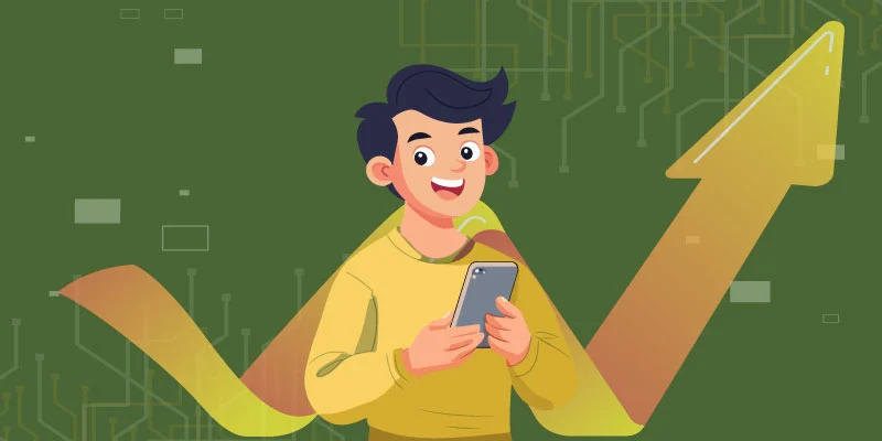 Illustration of a happy user holding a smartphone, with an upward-trending arrow in the background, symbolizing growth and success on Bitstamp.