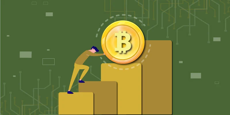 Illustration of a person pushing a large what is Bitcoin coin up bar chart steps, symbolizing the challenges of Bitcoin growth.