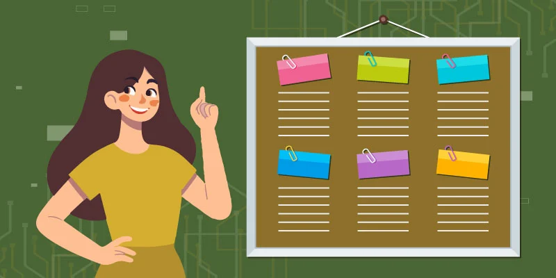 A woman pointing at a board with pinned colorful notes and lists, representing pro tips to maximize Kraken bonuses.