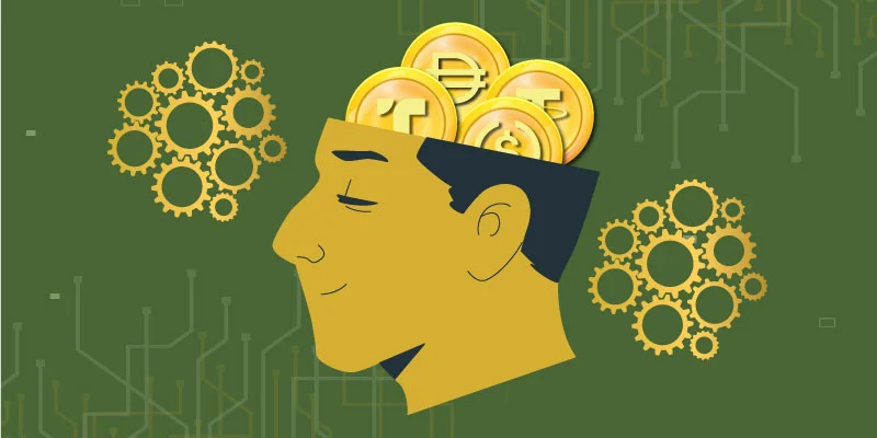 Person thinking with stablecoins like DAI, USDT, and USDC emerging from their mind, symbolizing the purpose of stablecoins