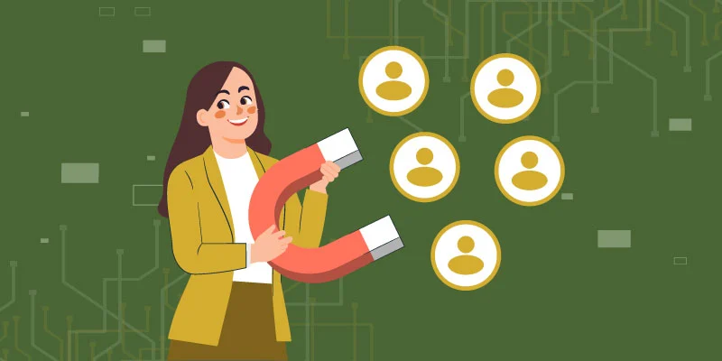 Illustration of a happy user holding a magnet attracting new users, symbolizing Crypto.com's referral program and user incentives.