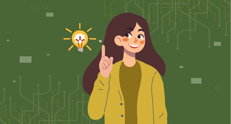 Illustration of a smiling woman raising her index finger with a glowing light bulb above her, symbolizing important insights on restricted countries in cryptocurrency trading