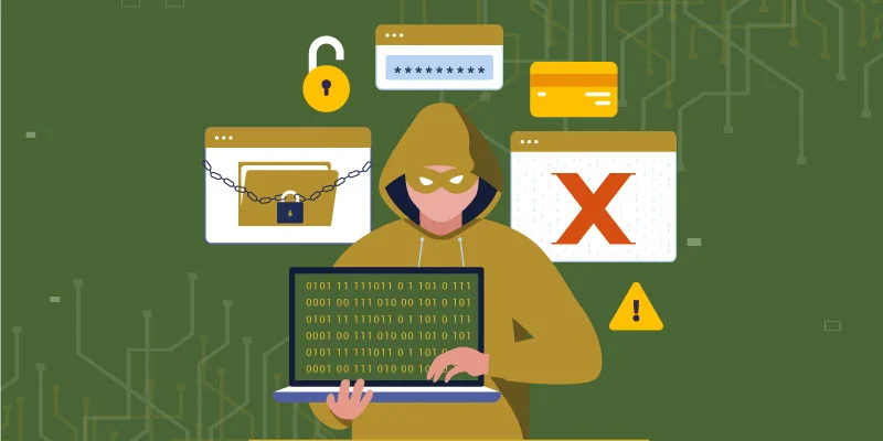 Hacker with laptop surrounded by security alerts, symbolizing risks and vulnerabilities in cryptocurrency trading CEX vs DEX