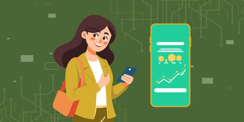 A woman using her smartphone to check investment progress on Robinhood, with a mobile screen displaying an upward financial chart and icons.