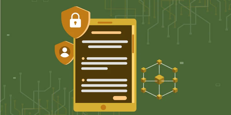 Smart contract displayed on a tablet with blockchain network and security shields, symbolizing automated digital agreements