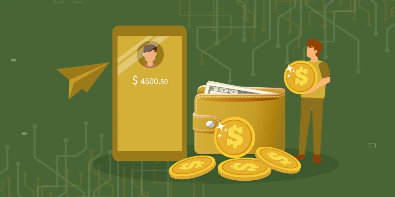 "Illustration of a digital wallet filled with cash and coins, a man holding a large coin, and a smartphone displaying a balance of $4500.50, symbolizing cryptocurrency transactions and storage. altcoin buy
